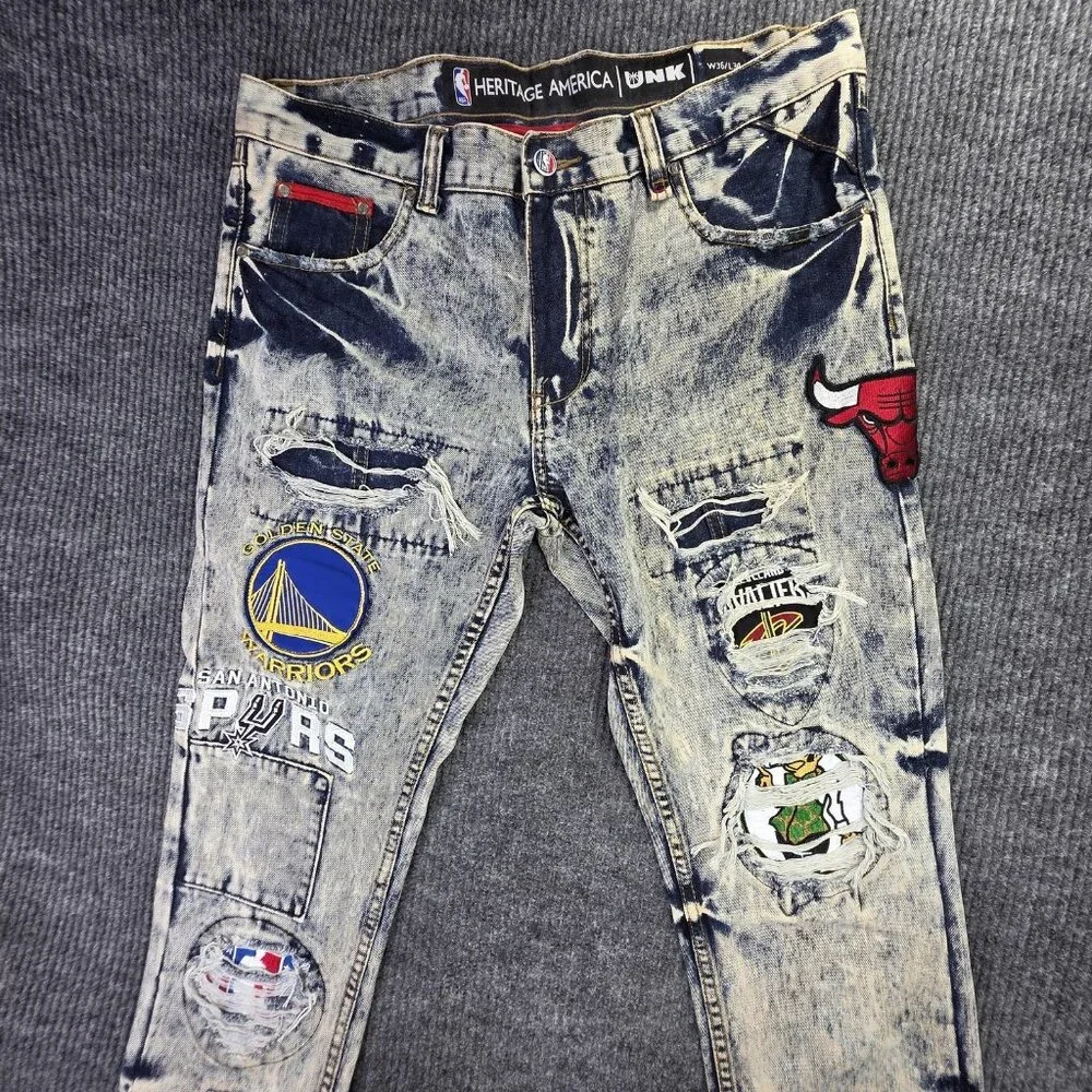UNK Heritage America Jeans Mens 36 x 34 NBA Basketball Distressed Patches Grunge - Picture 2 of 16